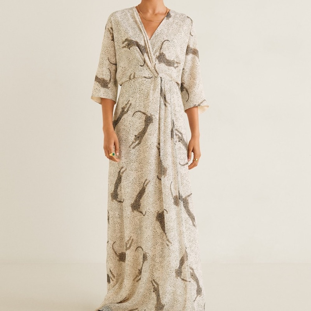 Mango Cheetah Printed v Neck 3 Quarter sleeve Long Dress new with tags